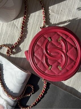 Chanel Caviar Quilted Round Filigree Crossbody Red